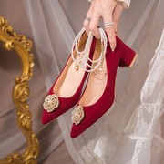 红色婚鞋带绑带2022年绑带新娘婚鞋子，红色高跟鞋女秀禾婚纱两