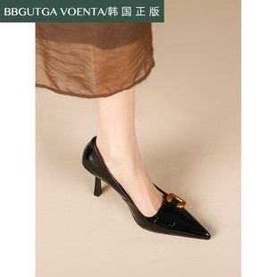 韩国出口原单软牛皮BB古2024年暗红漆皮尖头高跟鞋女性感尖头单鞋