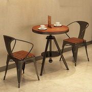 工业风铁艺实木餐桌椅组合咖啡厅奶茶店清吧酒吧可升降小圆桌1017