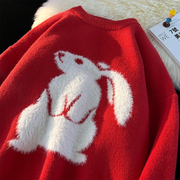 eq152冬季港风北极绒兔年卡通红色圣诞毛衣针织衫，情侣外套p70