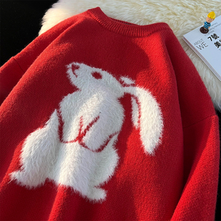 eq152冬季港风北极绒兔年卡通红色圣诞，毛衣针织衫情侣外套p70