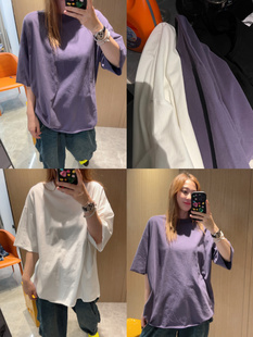 韩国2024春季女装，浅紫色纯色宽松水洗厚短袖，打底t恤