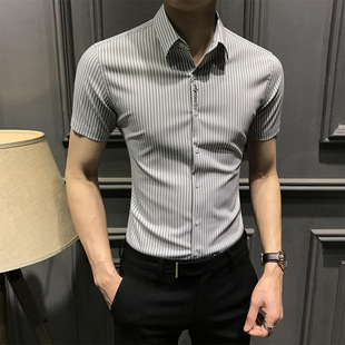 夏季男士条纹衬衫短袖，2024商务休闲刺绣衬衣潮，修身半袖上衣寸