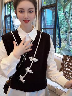新中式国风重工盘扣，针织衫马甲翻领中长款衬衫，复古时尚百搭两件套