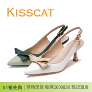 kisscat接吻猫2024夏细高跟后空尖头，拼色蝴蝶结女凉鞋ka43105-11