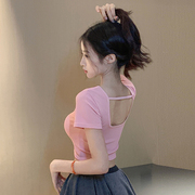 性感高腰漏背粉色短袖t恤女夏季韩版修身露脐半袖上衣小个子