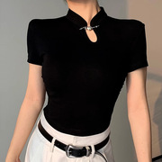 黑色正肩短袖t恤女夏季2024设计感小众改良旗袍中式国风上衣