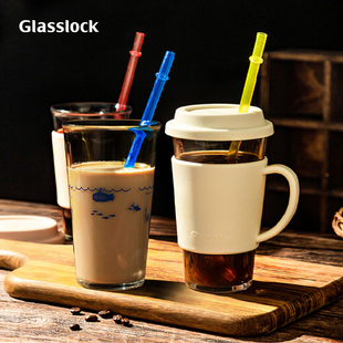 glasslock大容量耐高温玻璃，咖啡杯带吸管带，杯盖杯套高颜值水杯
