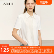 Amii2024夏极简短袖翻领拼接蕾丝花边直筒合体雪纺衫上衣女