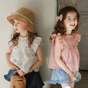 夏款韩国童装女童花边t恤女宝宝，洋气飞袖甜美公主蕾丝上衣娃娃衫