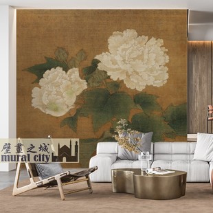 中式古风花鸟墙纸复古牡丹画墙布，古画壁纸摄影客厅背景直播壁画布