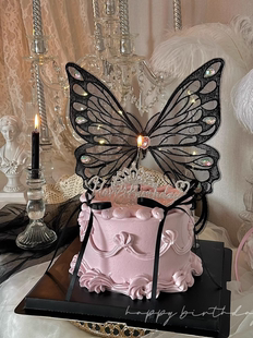 抱抱酱同款刺绣蝴蝶带灯蛋糕，装饰插件彩钻带灯黑蝴蝶钻石生日摆件