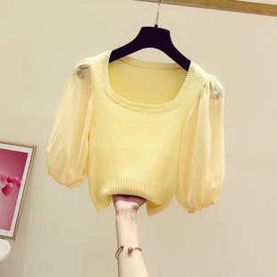 设计感小众方领泡泡袖短款修身针织衫女2024夏装显瘦黄色上衣