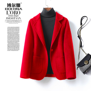 羊绒大衣女短款西装领红色，修身小西服妮子，春秋气质羊毛呢外套