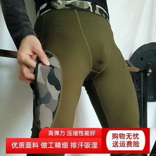 男士军绿色迷彩紧身健身裤 排汗跑步高弹力训练打底裤 口袋设计