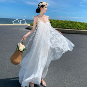 超仙礼服长裙海边度假裙白色珍珠蝴蝶蕾丝仙女网纱长款吊带连衣裙