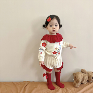 网红宝宝毛衣套装秋装婴儿针织毛线刺绣荷叶领上衣+花边裤子