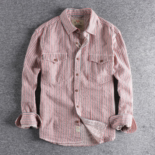 纯棉水洗咔叽日系复古条纹长袖，衬衫男工装，口袋潮流宽松青年上衣
