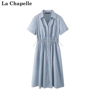 拉夏贝尔/La Chapelle春季衬衫连衣裙夏款单排扣抽绳短袖收腰