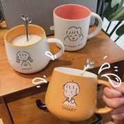 男女卡通色釉陶瓷水杯办公室咖啡杯创意马克杯带盖带勺学生情侣杯