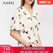 amii2024夏v领喇叭，袖短袖玫瑰印花雪纺衫女高级感法式上衣