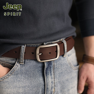 jeep吉普男士皮带真皮，男款2024中年青年休闲纯牛皮，针扣裤腰带