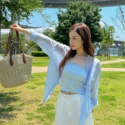 AJIEERcommon-unique 23夏季条纹吊带透视衬衫套装韩国