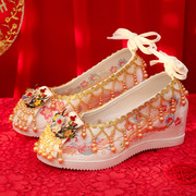 原创古风汉服婚鞋中式复古秀禾婚鞋高跟新娘红色结婚鞋坡跟绣花鞋
