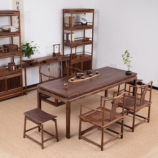 新中式实木茶桌椅组合明式黑胡桃木茶台禅意泡茶桌老榆木茶室家具
