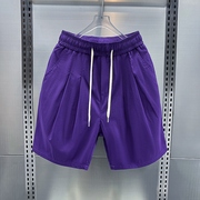 休闲短裤男夏季超薄冰丝，透气五分裤宽松潮流，运动大裤衩紫色沙滩裤