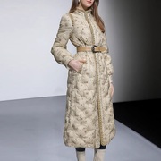 冬季气质优雅珍珠织带收腰中长款绣花蕾丝90白鸭绒羽绒服外套