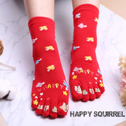 五指袜女猫咪卡通可爱棉质，五指袜春秋冬中筒五趾袜新年红色分趾袜