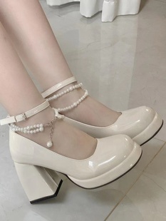 名典法式珍珠玛丽珍鞋女2023夏季小皮鞋温柔风高跟单鞋珍珠