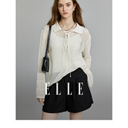 ELLE法式白色度假风镂空透气毛针织衫女2024夏季宽松显瘦毛衣