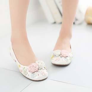 Ameber原创设计羊皮手工平底单鞋白色女鞋甜美花朵皮鞋小码鞋