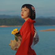 神明少女红色日式和风复古少女摄影旅拍改良和服正装传统红色和服