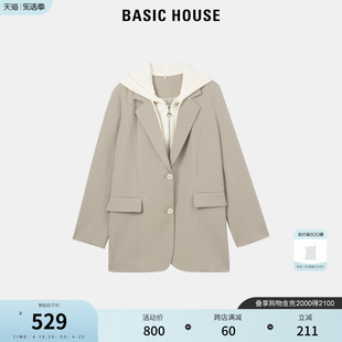 Basic House/百家好春季设计感假两件外套连帽小众西服女