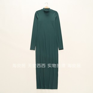 41102瑞典单~高级感深绿色小立领，修身长袖连衣裙长裙打底裙0.25