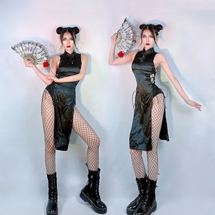 酒吧女歌手DS摄影服复古gogo演出服舞台装黑色性感旗袍连衣裙