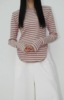 韩国东大门女装2024春款弧形下摆，条纹海军风垫肩显瘦长袖t恤