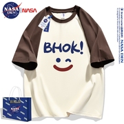 NASA联名拼接重磅纯棉五分袖插肩男女春夏季美式百搭印花短袖T恤