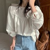 韩国chic早春设计感百褶拼接气质圆领系带灯笼袖衬衫女宽松娃娃衫