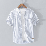纯棉条纹短袖衬衫男士立领白色，宽松透气短袖，休闲寸衬衣圆领日系潮