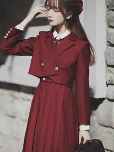 护奶裙jk制服套装原创正版秋冬红色卡奶背心裙，西服学院风连衣裙女