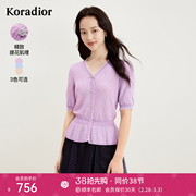 珂莱蒂尔镂空冰丝针织衫短袖，t恤女2023气质，百搭紫色上衣