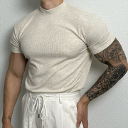 立领修身短袖t恤男士，夏季美式紧身上衣休闲健身运动收袖口体恤