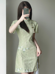 新中式国风改良泡泡袖旗袍，收腰显瘦立领盘扣少女，蕾丝连衣裙2023夏