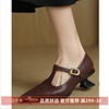 kmeizu法式复古~4.5cm尖头玛丽珍鞋女春丁字，扣带雕花异型粗跟单鞋