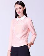 品牌翻领长袖衬衫女修身时尚气质粉红色OL通勤上衣春秋蕾丝