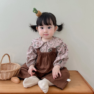 韩版婴儿衣服春秋套装女宝宝，洋气碎花上衣背带裤两件套婴幼儿爬服